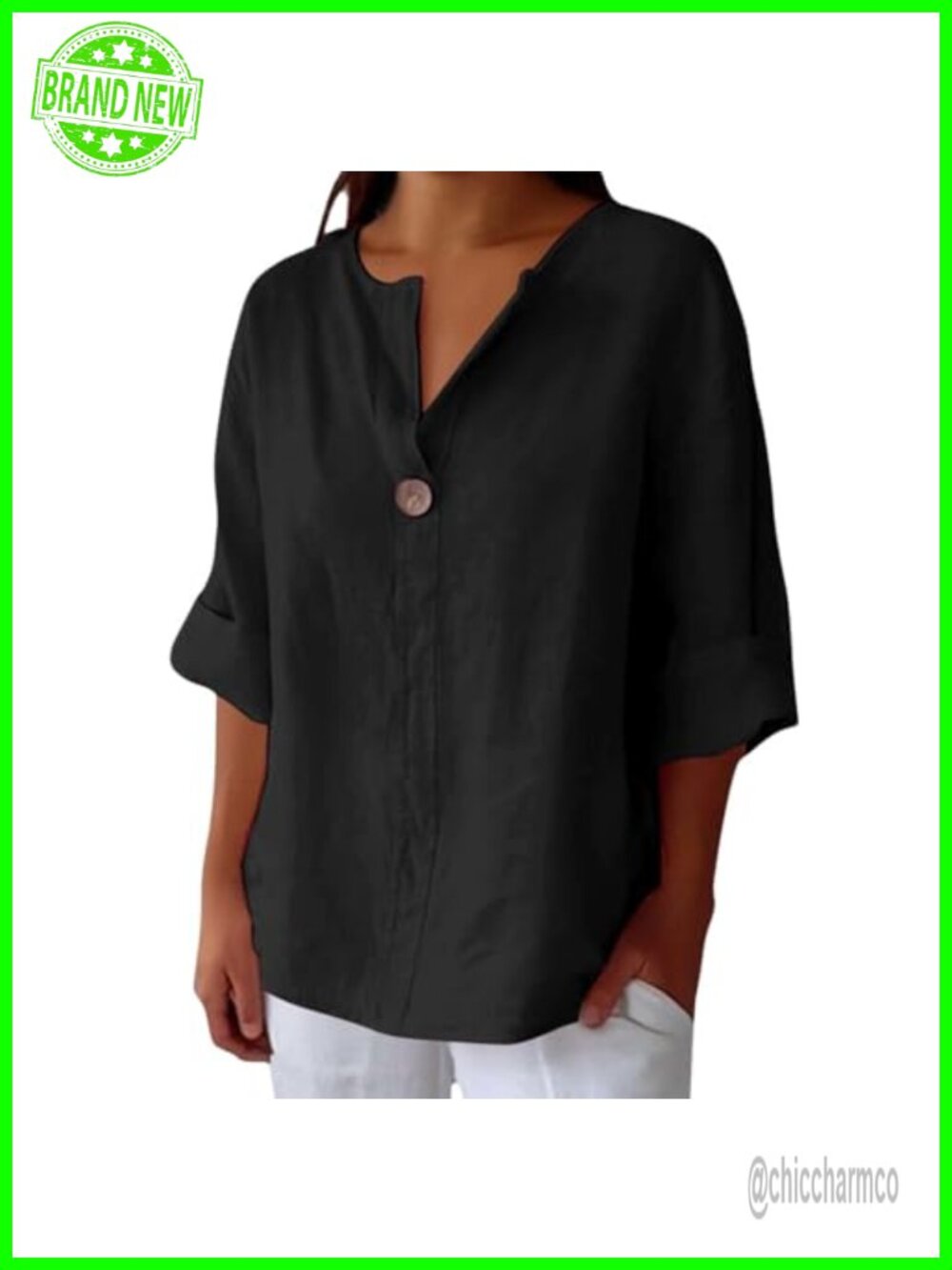 Cotton Linen 3/4 Sleeve V Neck Boho Blouse